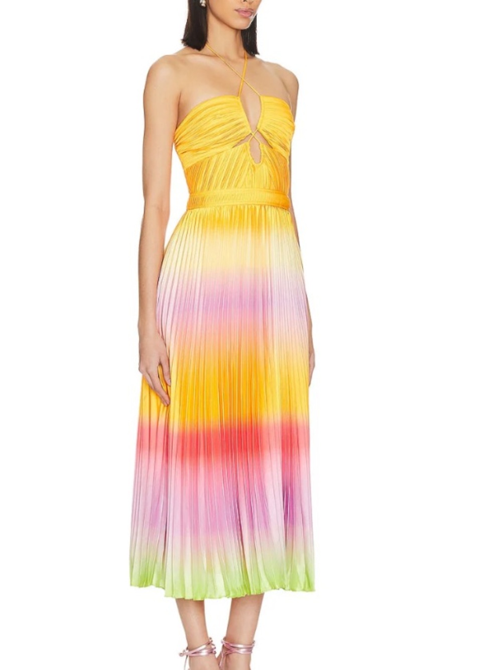 Jonathan Simkhai Yellow Multi-Color Ombre Strapless Pleated Midi Dress